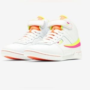 FILA Women's F-13 Hi Top Sneakers-Size 8.5 Women-Like New-White, Neon Yellow,Pnk